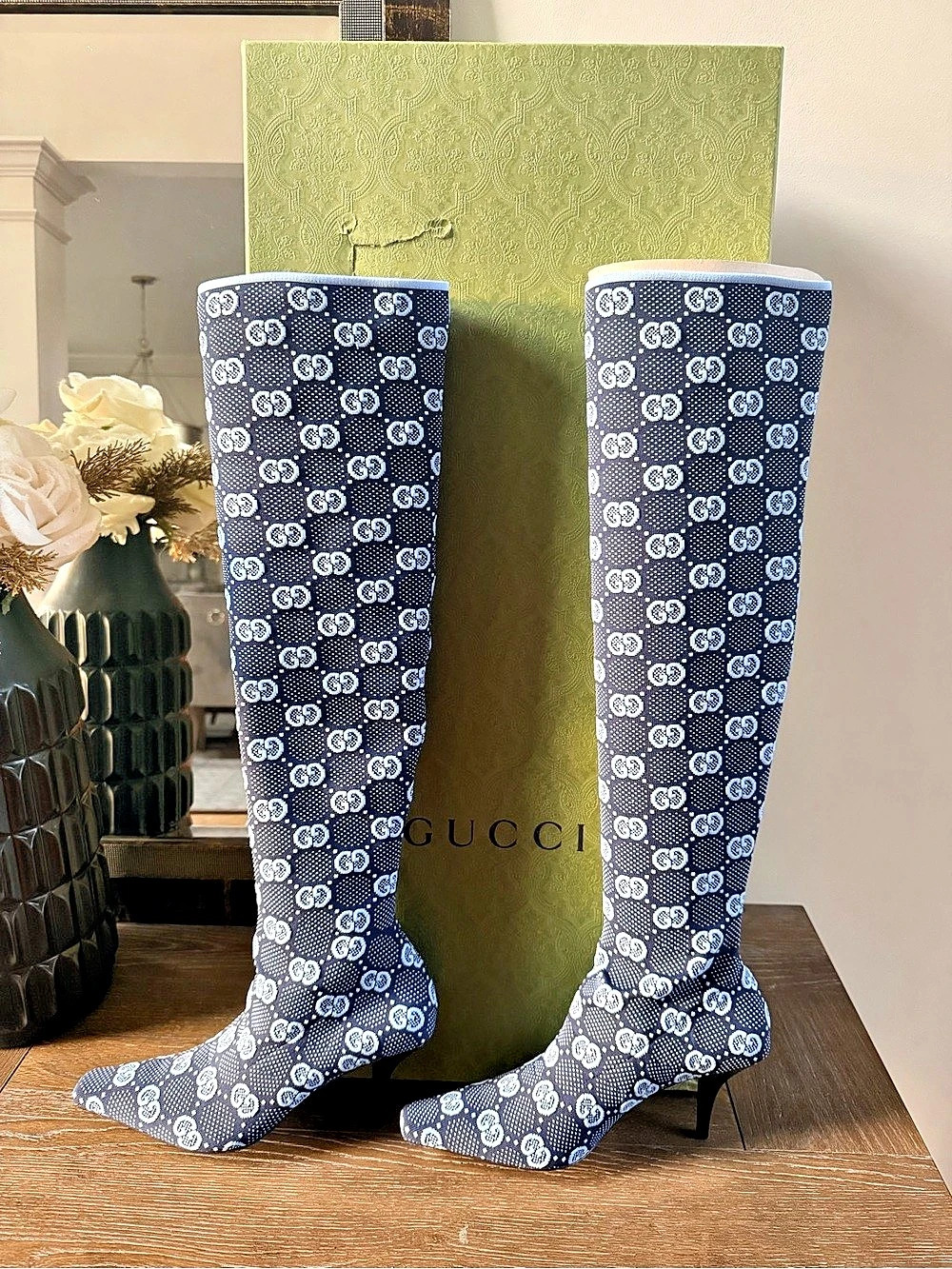 NIB Gucci GG Supreme Logo Knit Knee Boot Blue & White New- Never Worn